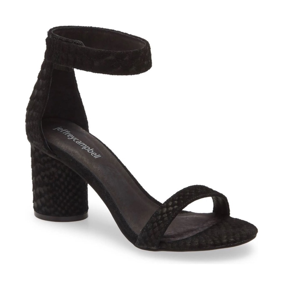 Jeffrey Campbell Laura black suede block heel shoes 8 snake ankle strap reptile